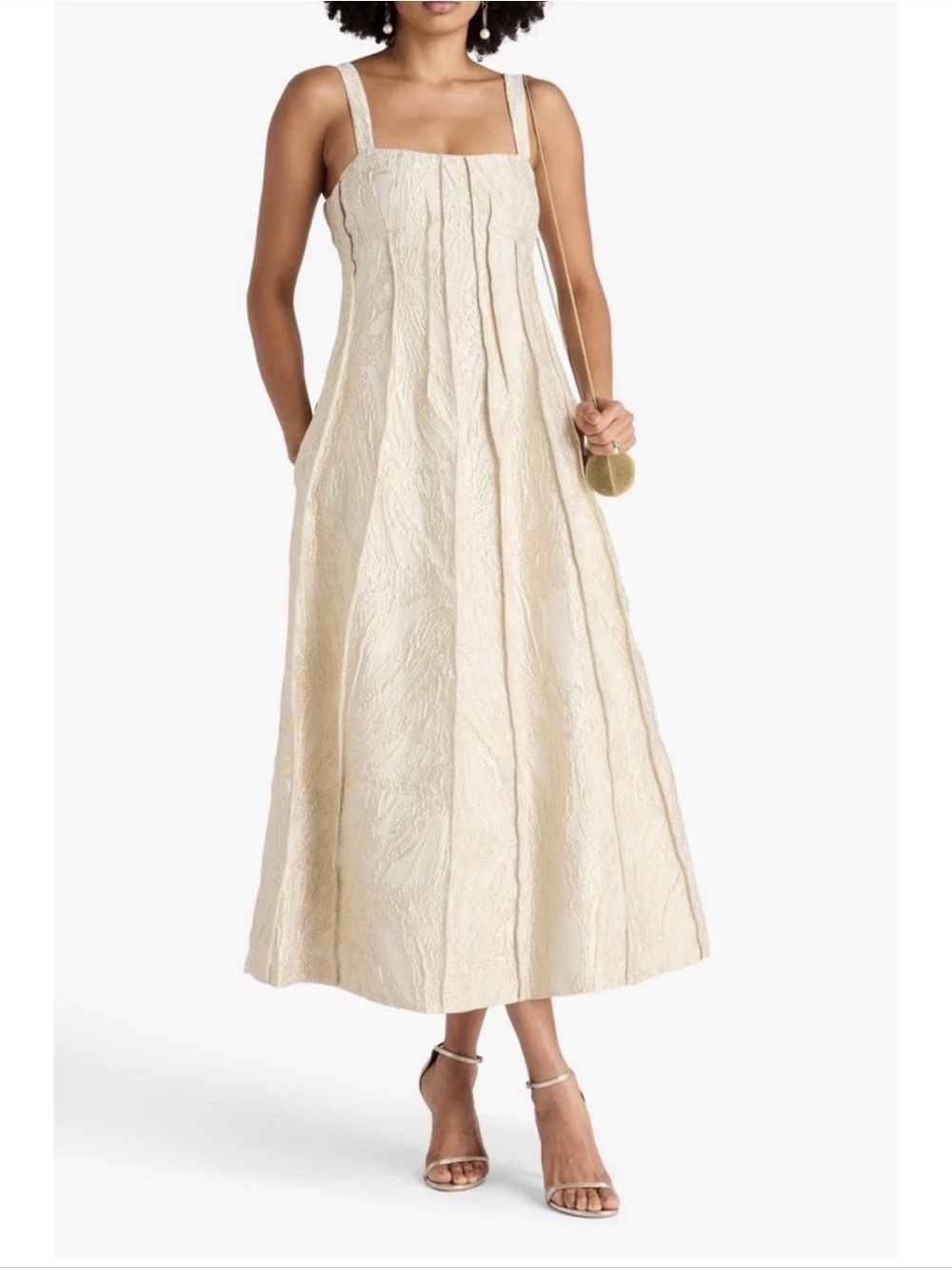 SIMKHAI Maya Pintucked Metallic Cloque MIDI Dress in Cream_NWT
